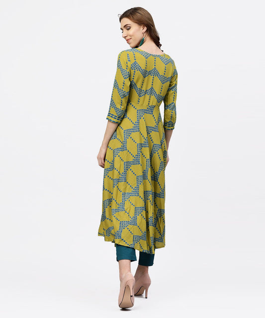 Green Printed 3/4 Sleeves Kurta With Front Yoke And Round Neck | LASVINI - Redefining Indian Fashion with Elegance