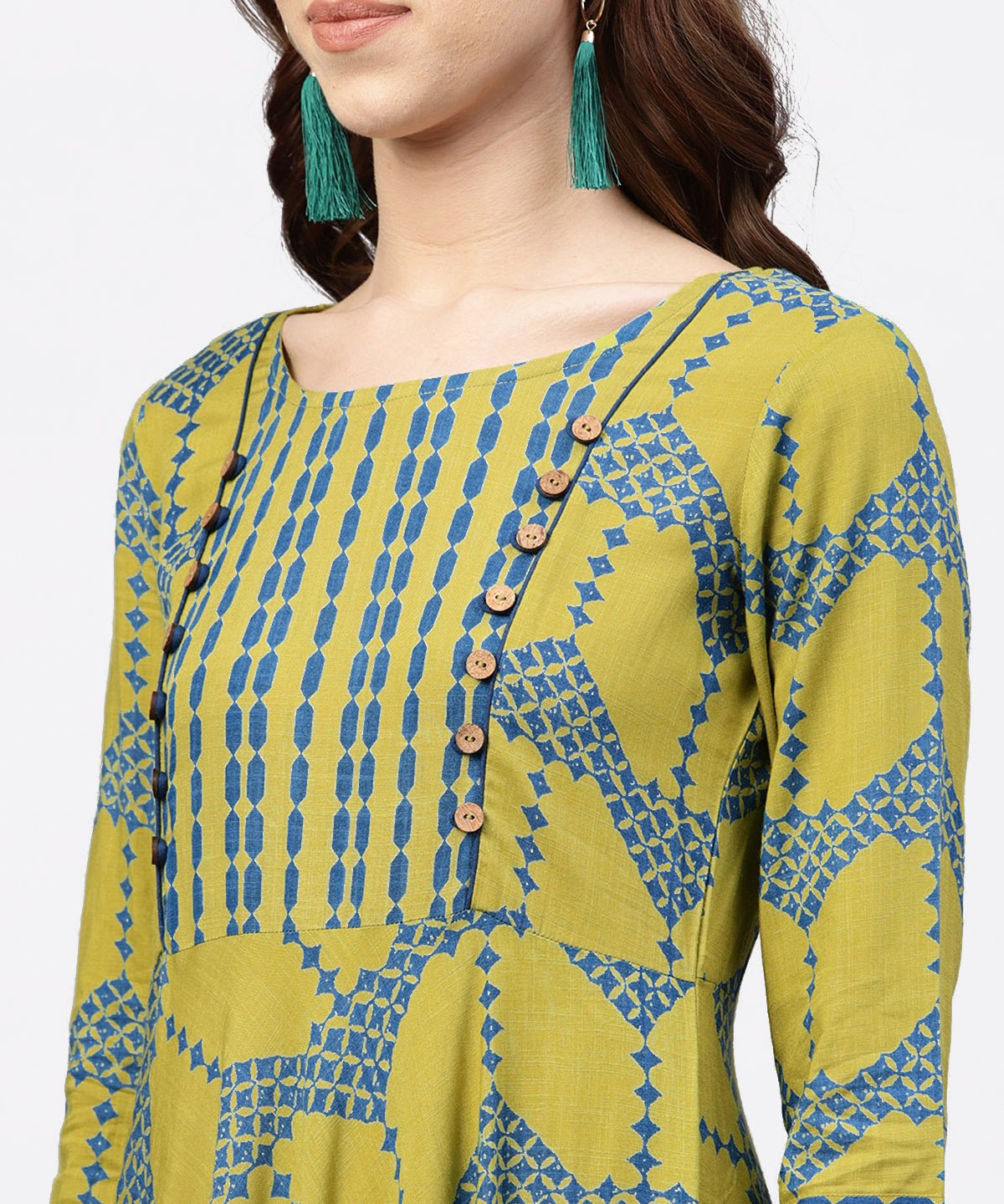 Green Printed 3/4 Sleeves Kurta With Front Yoke And Round Neck | LASVINI - Redefining Indian Fashion with Elegance