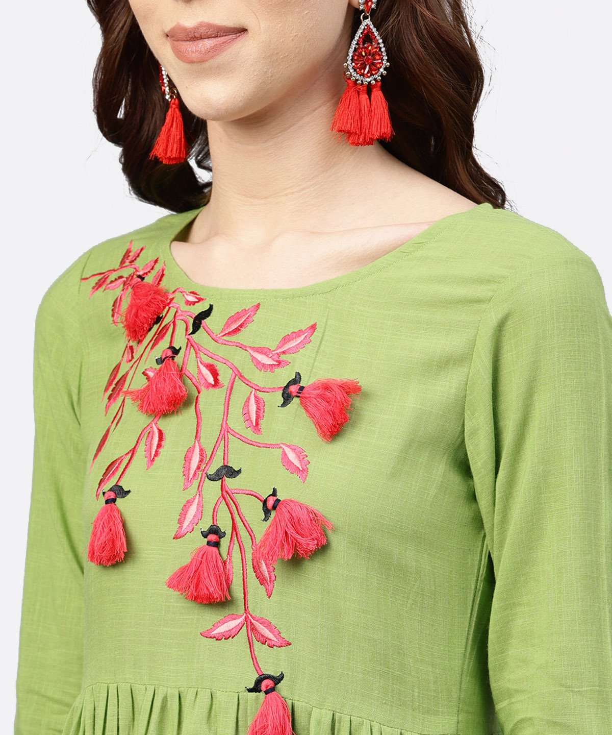 Parrot Green Embroidered A-Line Kurta With Round Neck And 3/4 Sleeves | LASVINI - Redefining Indian Fashion with Elegance