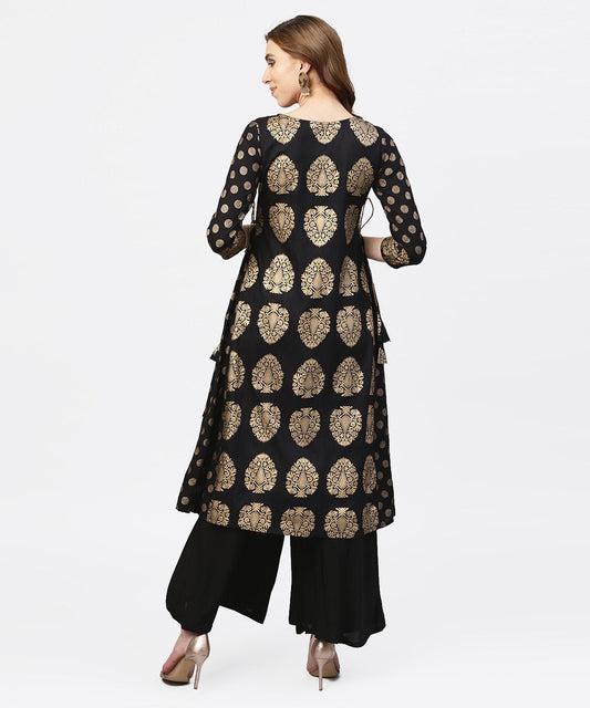 Black And Gold Printed Kurta With Round Neck And Full Sleeves | LASVINI - Redefining Indian Fashion with Elegance
