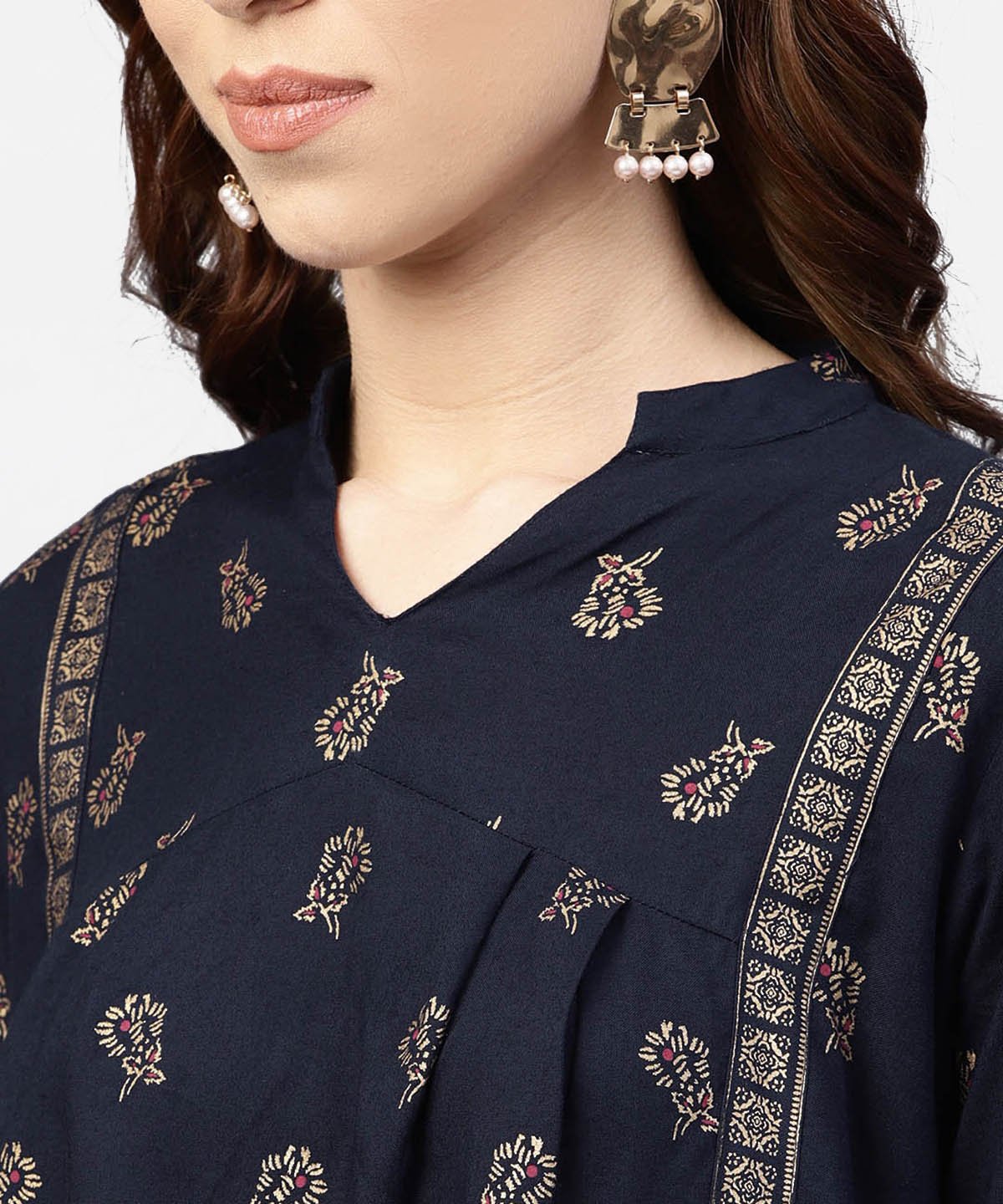 Navy Blue Printed Full Sleeve Tunic With Mandarin Collar | LASVINI - Redefining Indian Fashion with Elegance