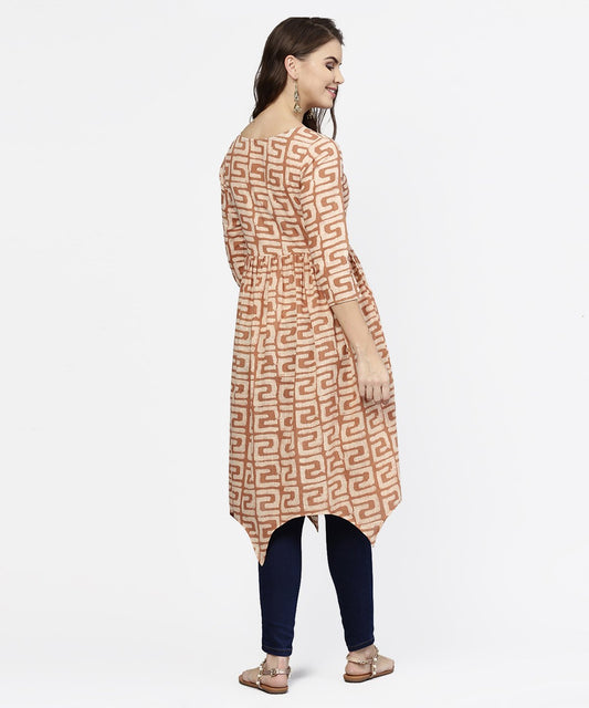 Peach Printed 3/4Th Sleeve Cotton Anarkali Kurta | LASVINI - Redefining Indian Fashion with Elegance