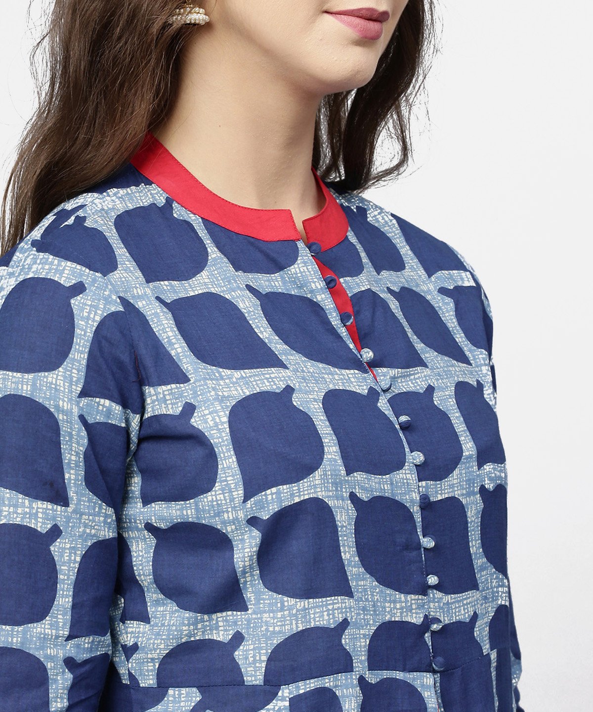 Blue Printed 3/4Th Sleeve Cotton Anarkali Kurta | LASVINI - Redefining Indian Fashion with Elegance