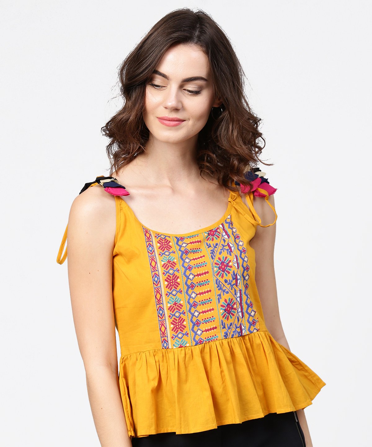 Yellow Yoke Design Cotton Tops With Dori Work At Shoulder | LASVINI - Redefining Indian Fashion with Elegance