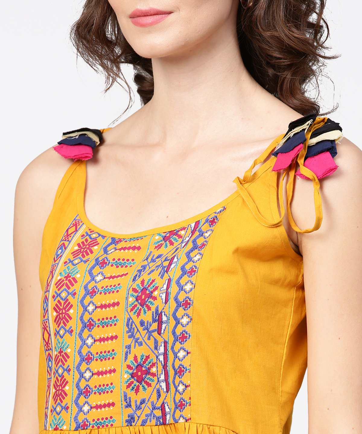 Yellow Yoke Design Cotton Tops With Dori Work At Shoulder | LASVINI - Redefining Indian Fashion with Elegance