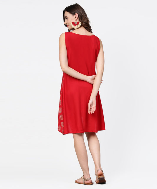 Red Printed Sleeveless Cotton Low High Tunic | LASVINI - Redefining Indian Fashion with Elegance