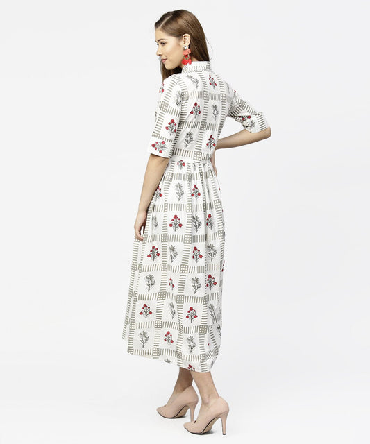 Off White Printed Half Sleeve Cotton Maxi Dress With Belt | LASVINI - Redefining Indian Fashion with Elegance
