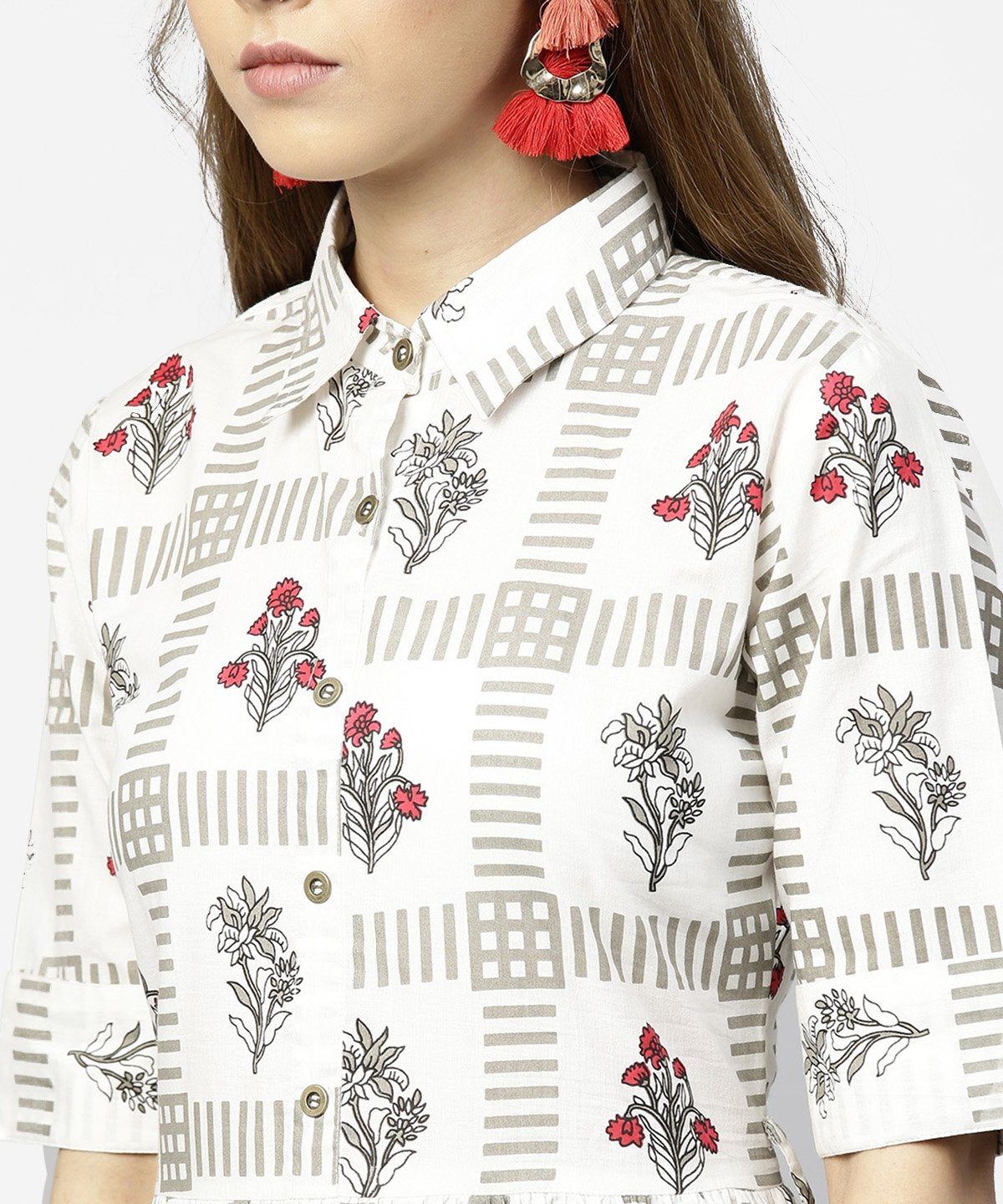 Off White Printed Half Sleeve Cotton Maxi Dress With Belt | LASVINI - Redefining Indian Fashion with Elegance