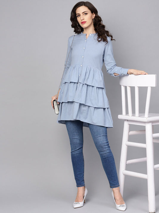 Solid Ice Blue Tired Tunic With Madarin Collar & 3/4 Sleeves | LASVINI - Redefining Indian Fashion with Elegance