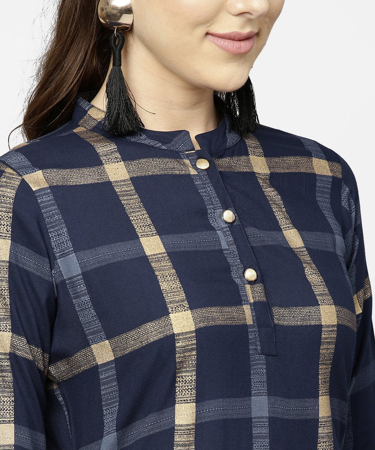 Blue Checked 3/4Th Sleeve Cotton Front Slit Dress | LASVINI - Redefining Indian Fashion with Elegance