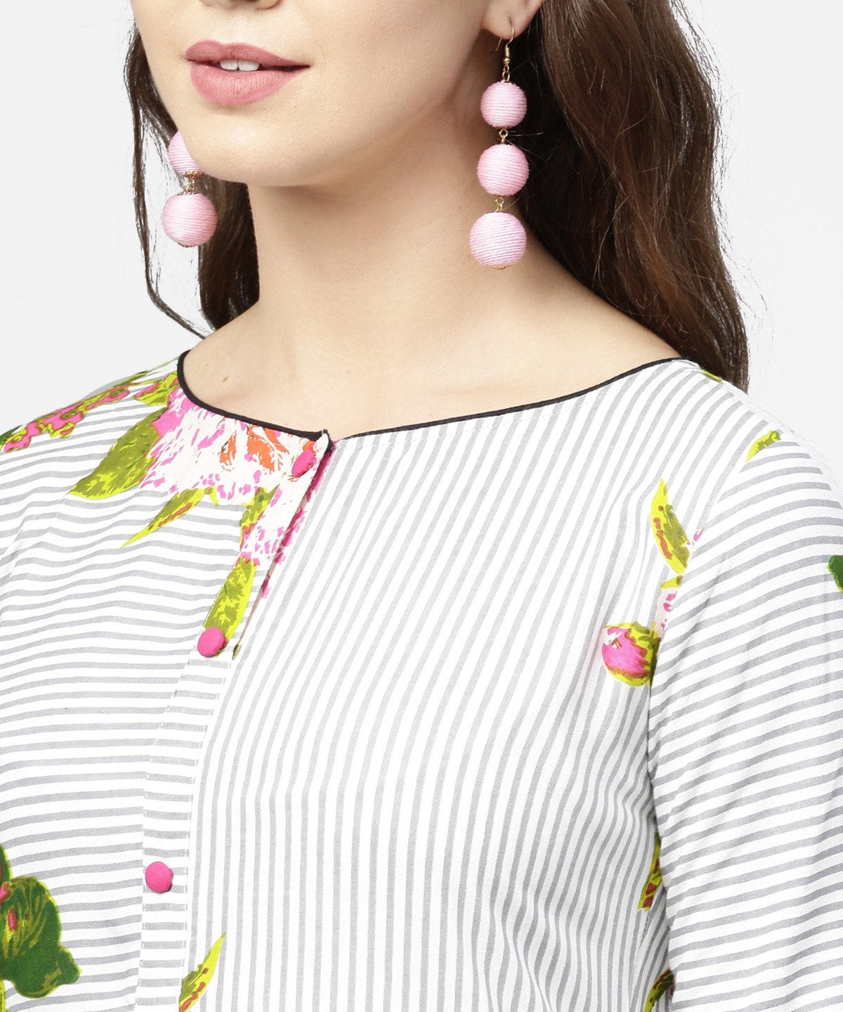 Blue Stripes & Flower Printed Front Open 3/4Th Sleeve Cotton Kurta | LASVINI - Redefining Indian Fashion with Elegance