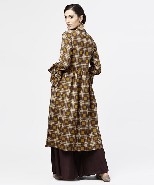 Coffee Brown & Yellow Full Sleeve Cotton Anarkali Kurta | LASVINI - Redefining Indian Fashion with Elegance