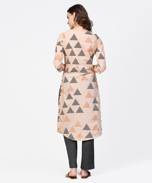 Off White Printed 3/4Th Sleeve Cotton Low High Kurta | LASVINI - Redefining Indian Fashion with Elegance