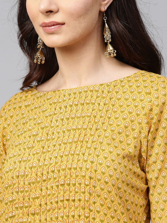 Yellow Printed Half Sleeve Cotton Straight Kurta | LASVINI - Redefining Indian Fashion with Elegance