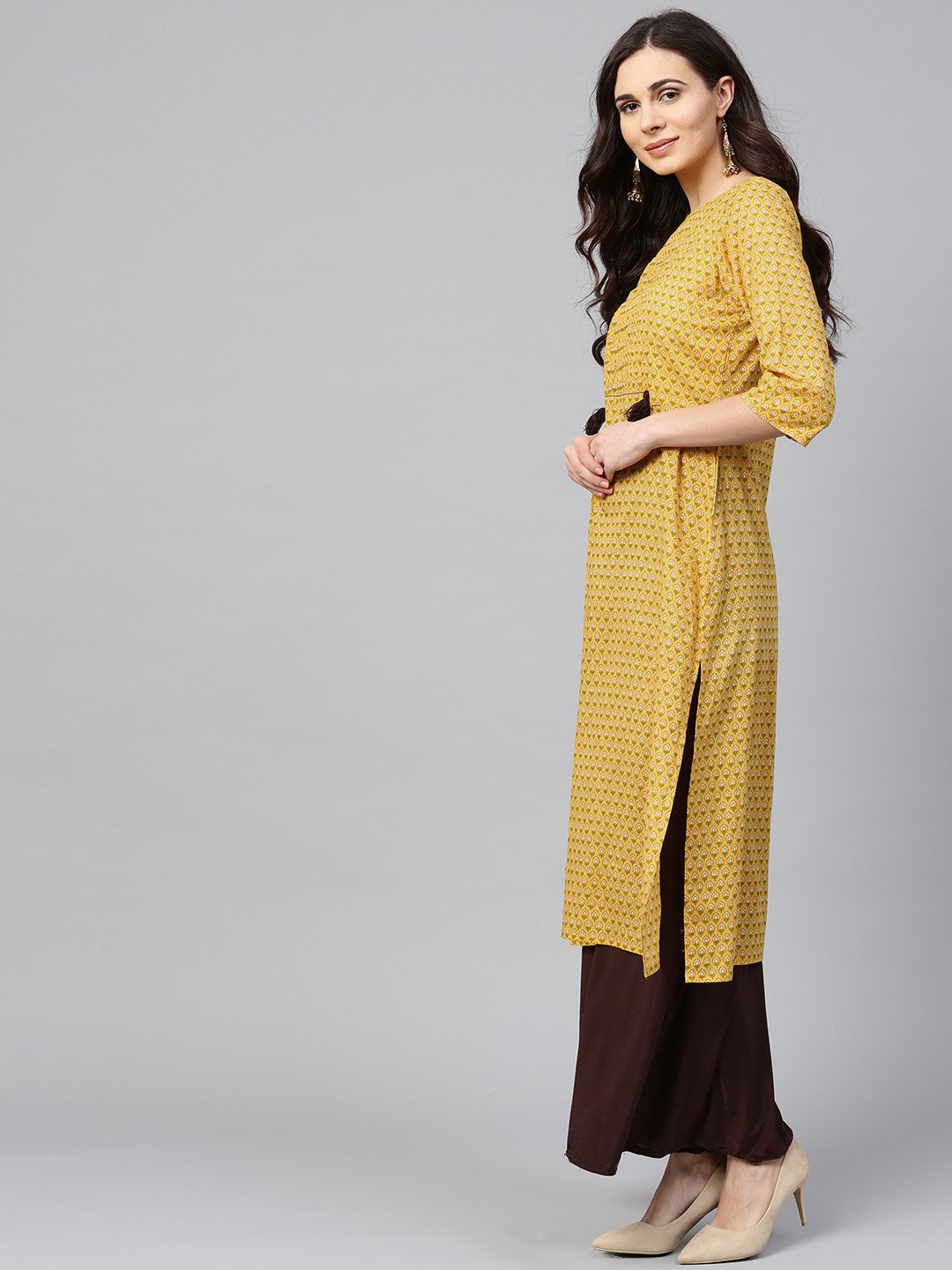 Yellow Printed Half Sleeve Cotton Straight Kurta | LASVINI - Redefining Indian Fashion with Elegance