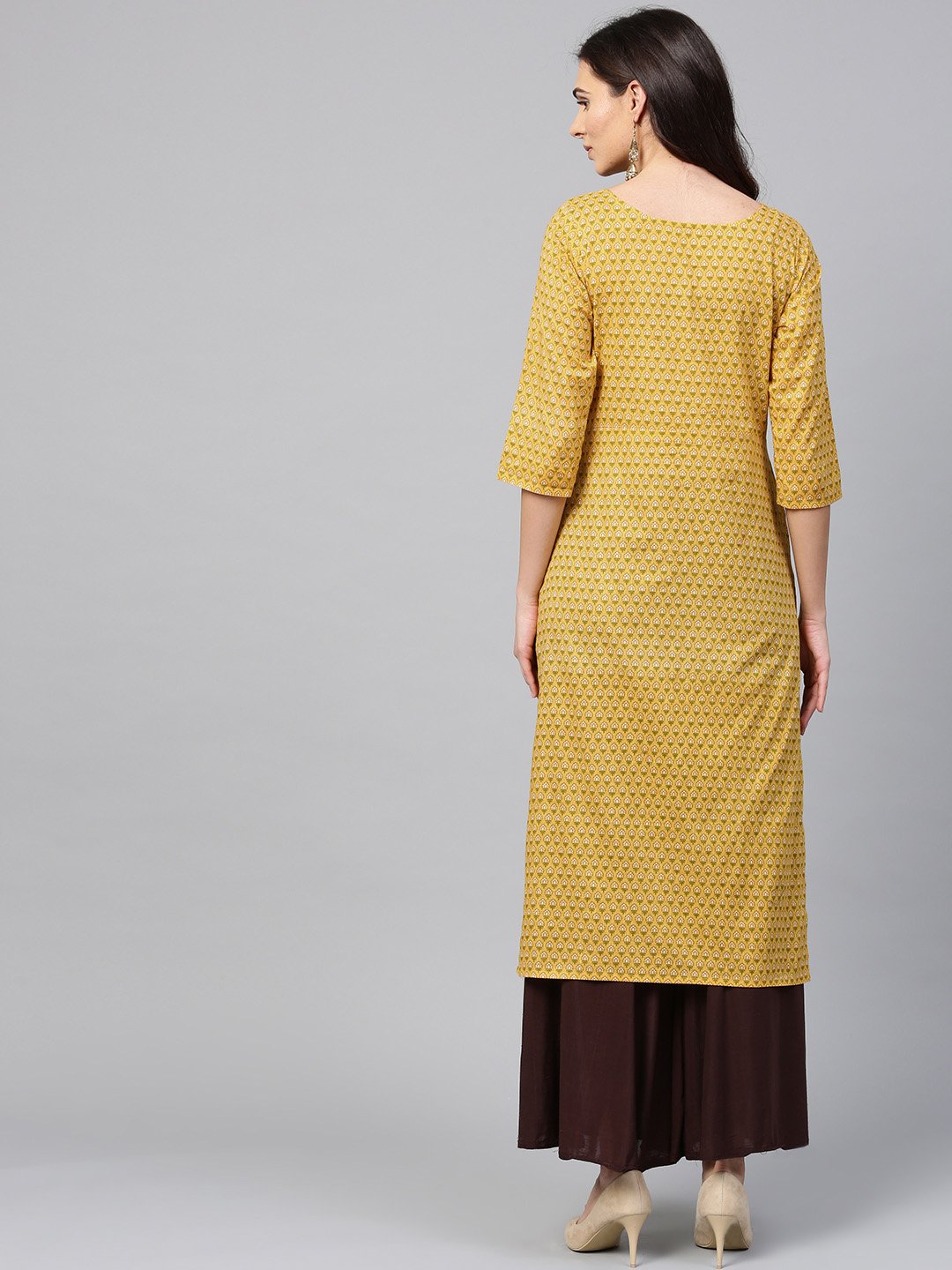 Yellow Printed Half Sleeve Cotton Straight Kurta | LASVINI - Redefining Indian Fashion with Elegance