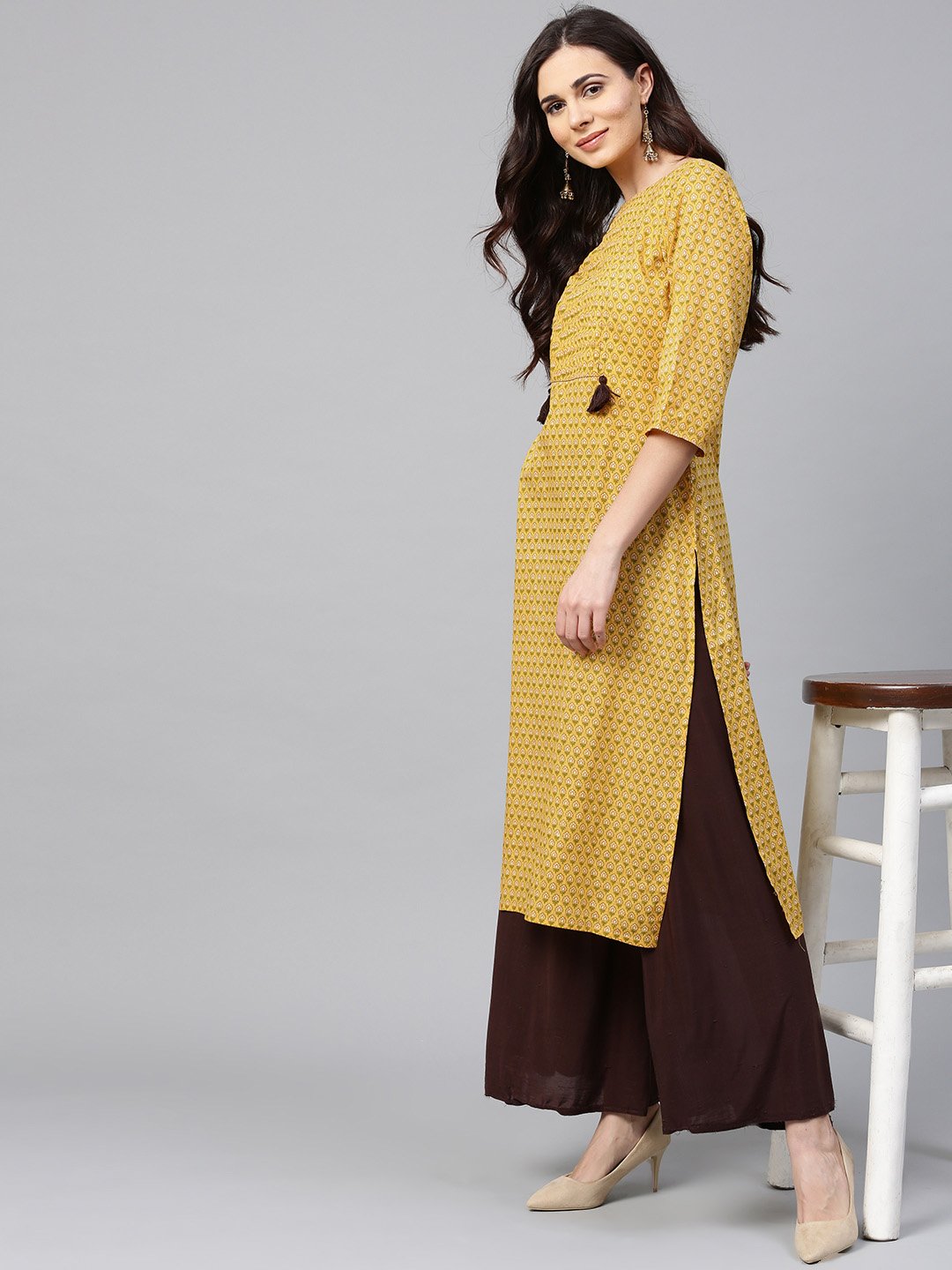 Yellow Printed Half Sleeve Cotton Straight Kurta | LASVINI - Redefining Indian Fashion with Elegance