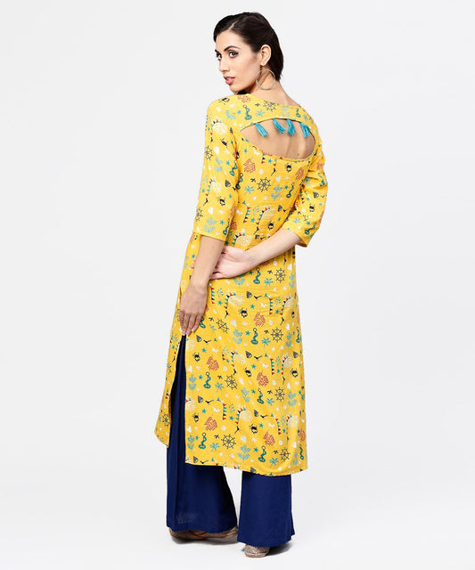 Yellow 3/4Th Sleeve Cotton Straight Kurta | LASVINI - Redefining Indian Fashion with Elegance