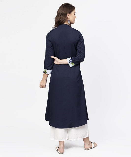 Navy Blue 3/4Th Sleeve Crepe A-Line Kurta With Button At Front | LASVINI - Redefining Indian Fashion with Elegance