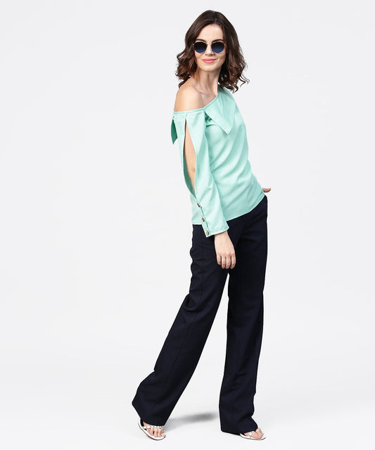Aqua Blue Full Sleeve One Side Shoulder Tops | LASVINI - Redefining Indian Fashion with Elegance