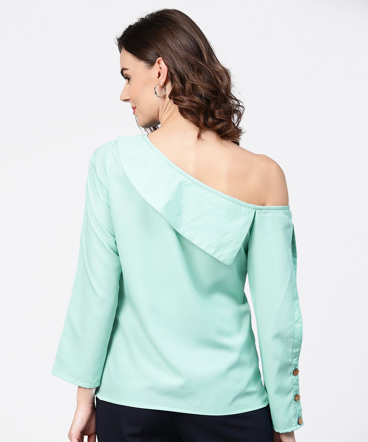 Aqua Blue Full Sleeve One Side Shoulder Tops | LASVINI - Redefining Indian Fashion with Elegance