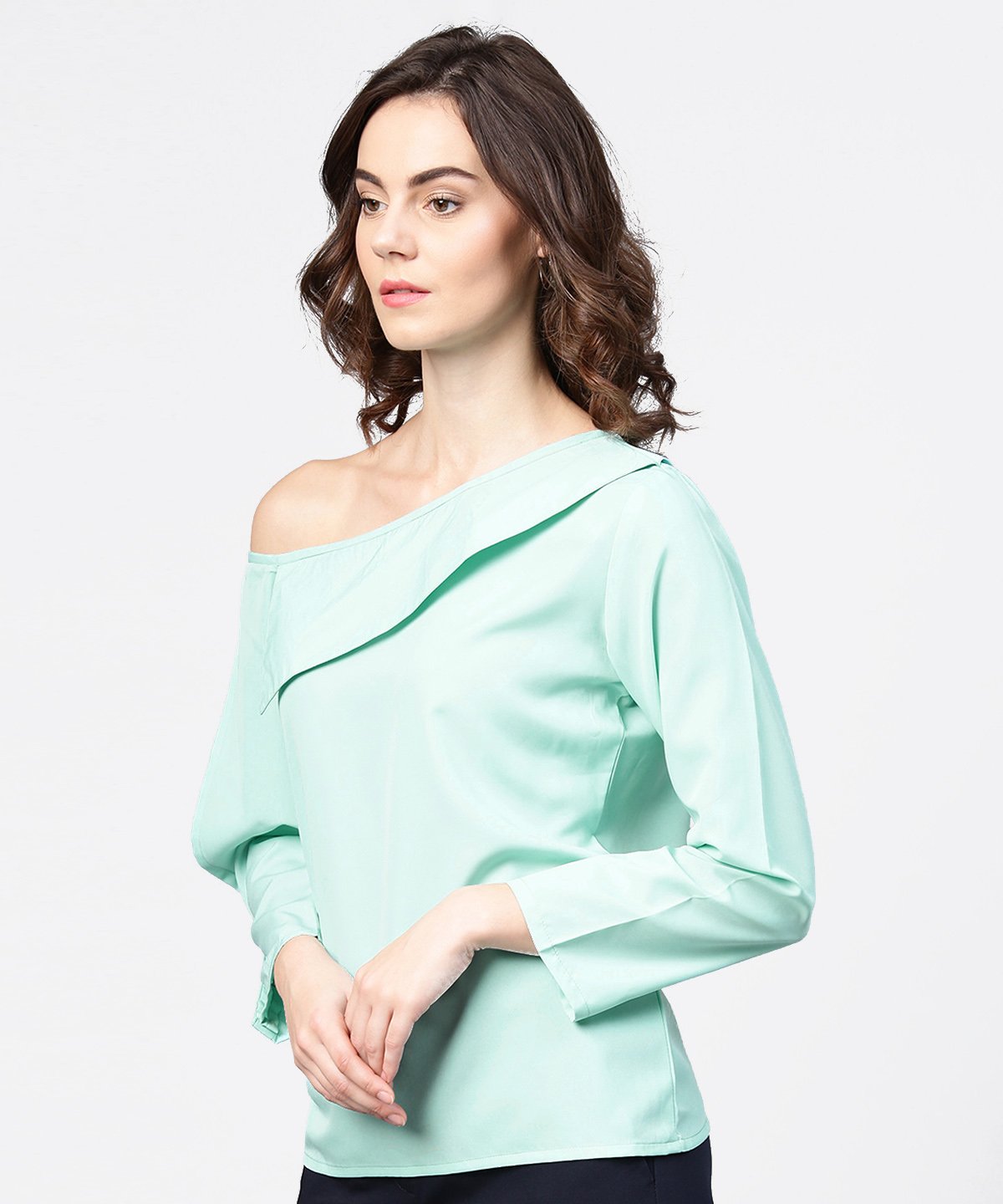 Aqua Blue Full Sleeve One Side Shoulder Tops | LASVINI - Redefining Indian Fashion with Elegance