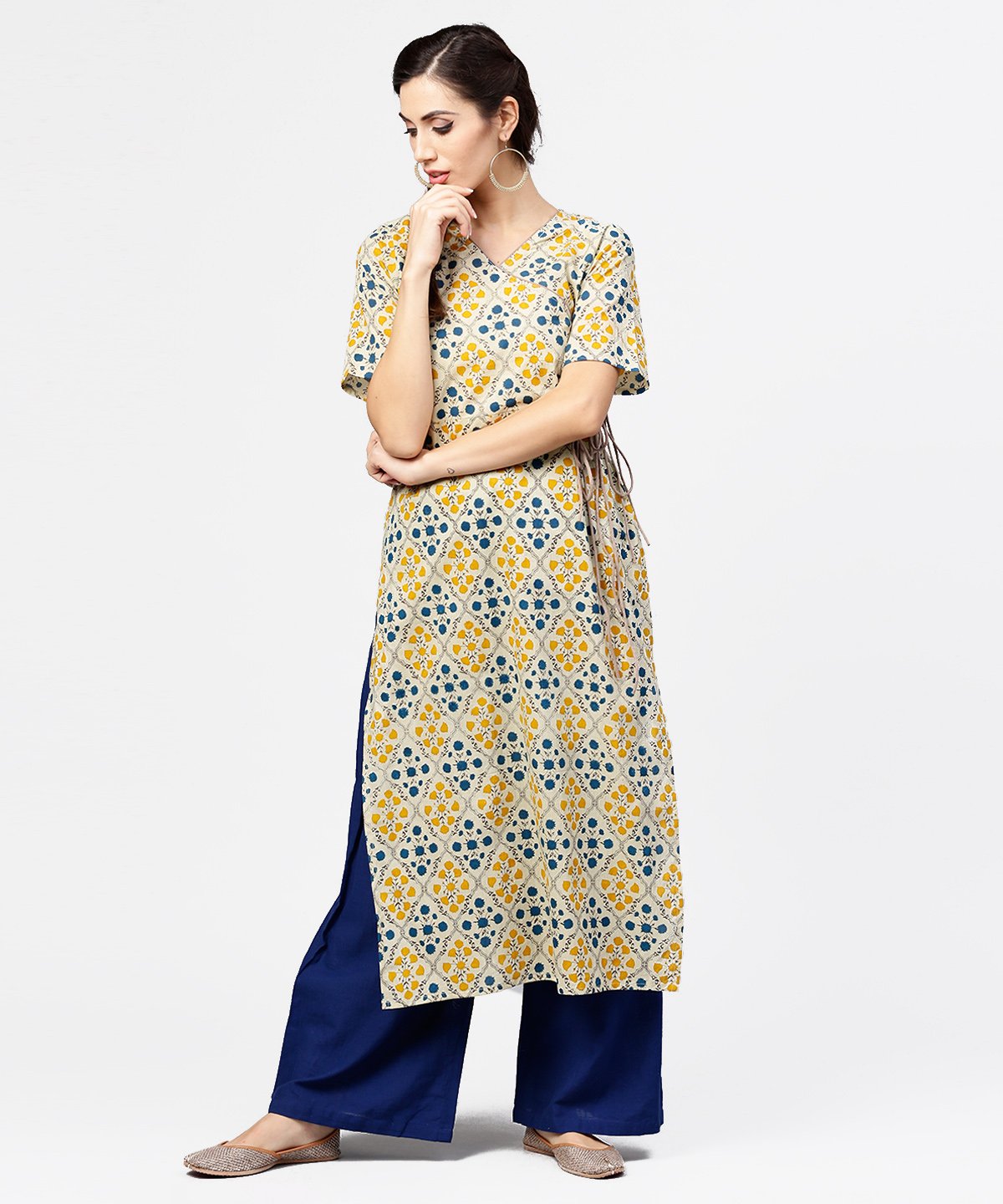 Yellow Printed Half Sleeve Cotton Straight Kurta With Dori Work | LASVINI - Redefining Indian Fashion with Elegance