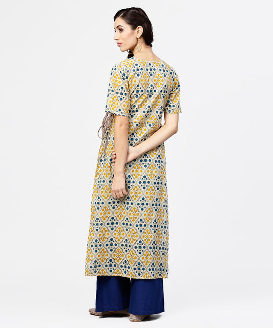 Yellow Printed Half Sleeve Cotton Straight Kurta With Dori Work | LASVINI - Redefining Indian Fashion with Elegance