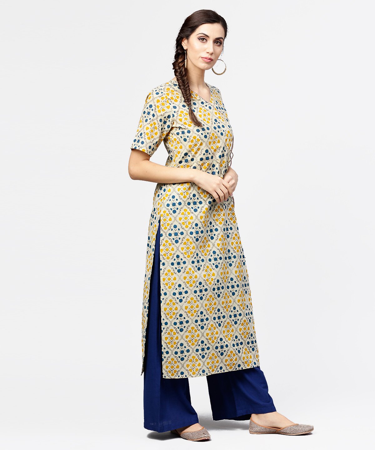 Yellow Printed Half Sleeve Cotton Straight Kurta With Dori Work | LASVINI - Redefining Indian Fashion with Elegance