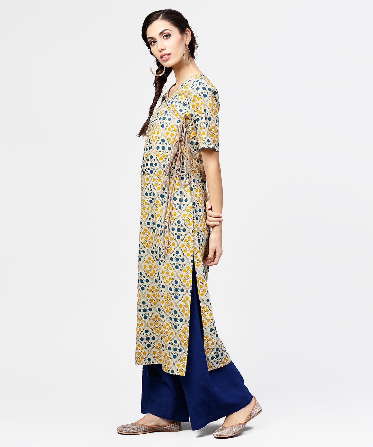 Yellow Printed Half Sleeve Cotton Straight Kurta With Dori Work | LASVINI - Redefining Indian Fashion with Elegance