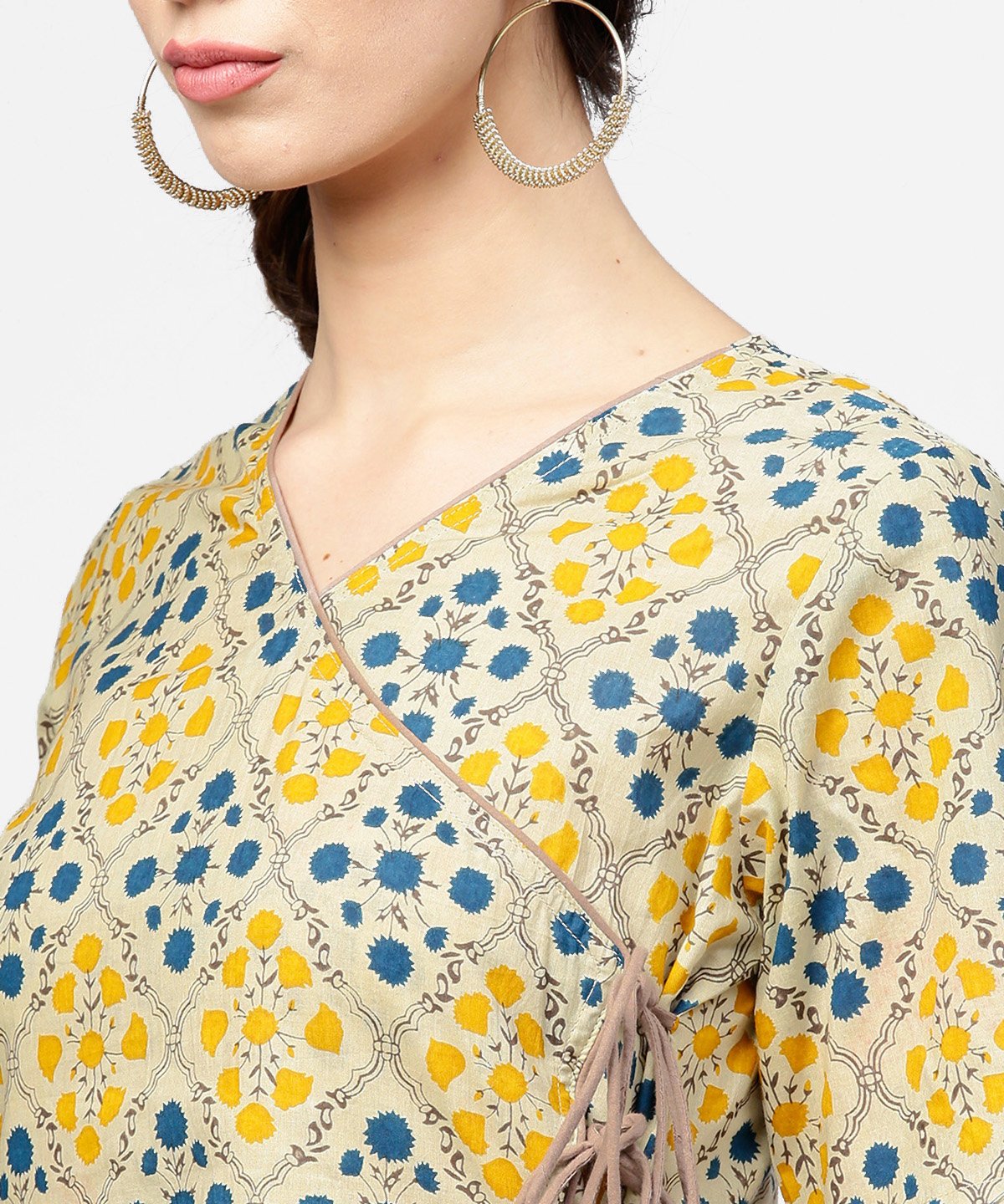 Yellow Printed Half Sleeve Cotton Straight Kurta With Dori Work | LASVINI - Redefining Indian Fashion with Elegance