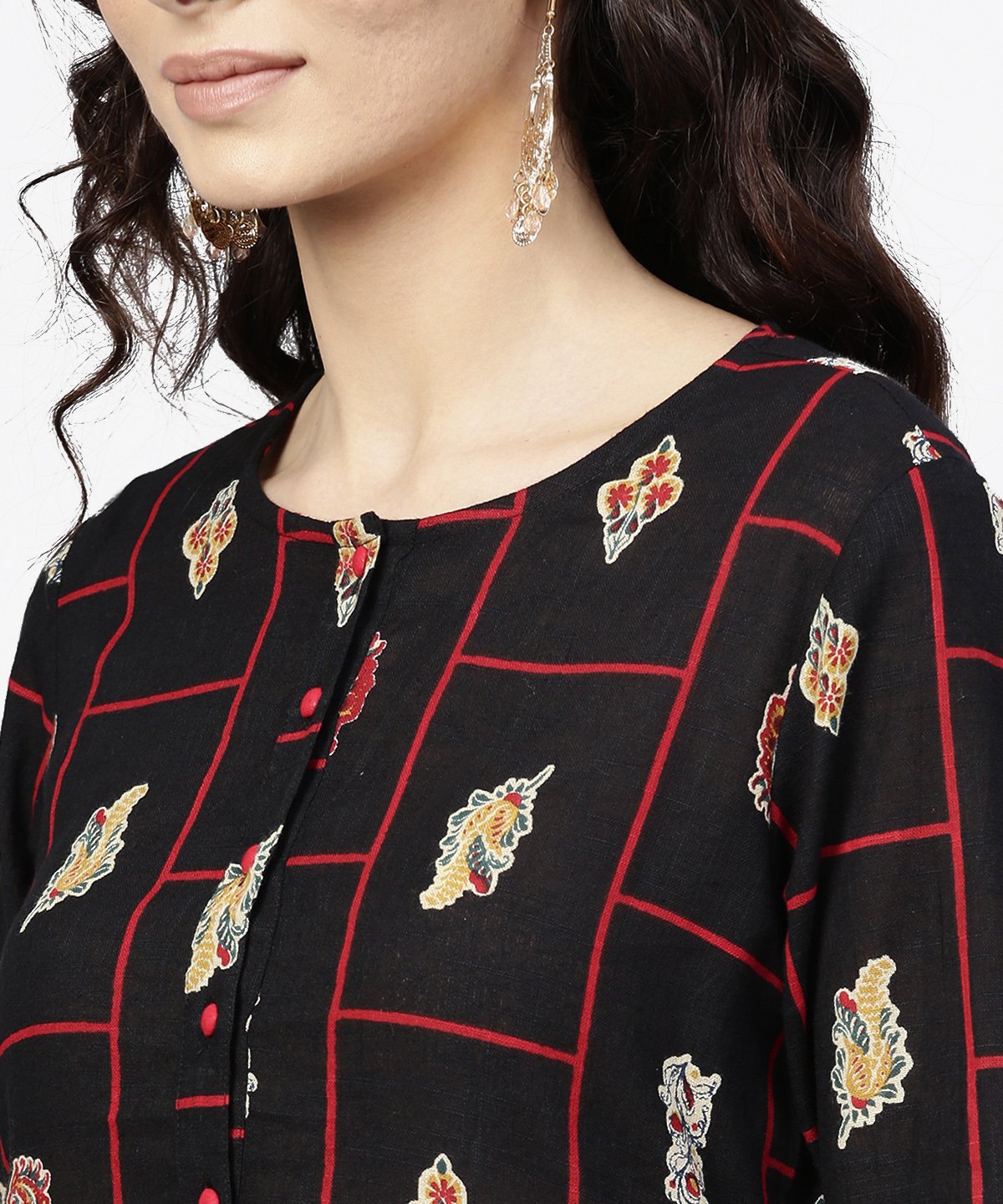 Black Printed 3/4Th Sleeve Cotton Kurta | LASVINI - Redefining Indian Fashion with Elegance