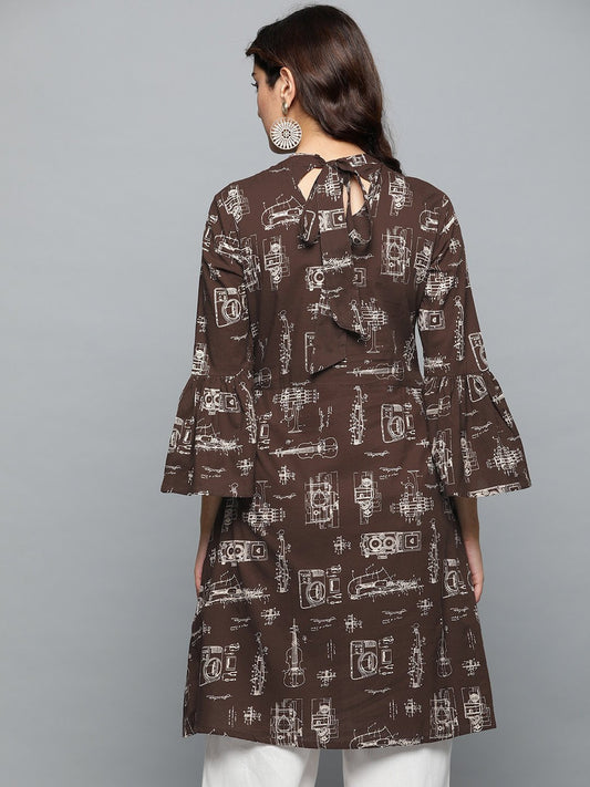 Brown Printed A-Line Dress With Roll Collar & Flared Sleeves | LASVINI - Redefining Indian Fashion with Elegance