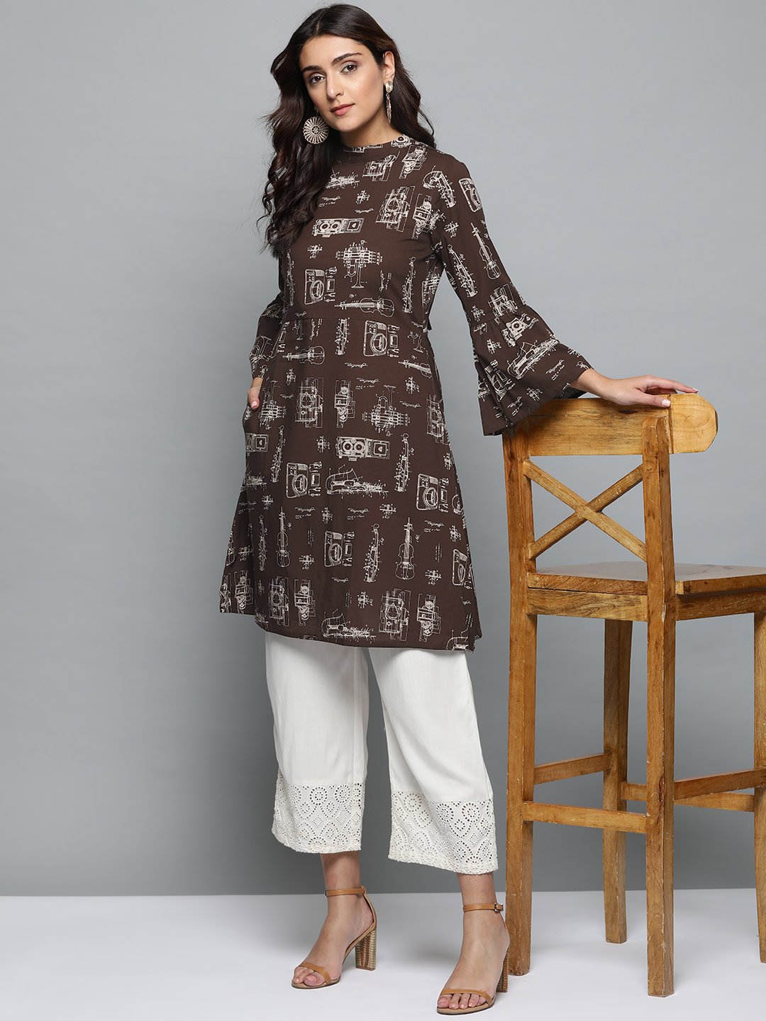 Brown Printed A-Line Dress With Roll Collar & Flared Sleeves | LASVINI - Redefining Indian Fashion with Elegance
