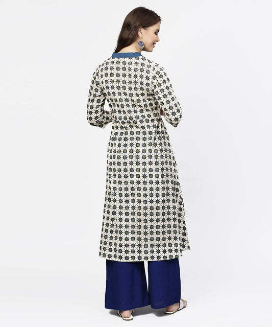 Off White 3/4Th Sleeve Angrakha Style Cotton A-Line Kurta | LASVINI - Redefining Indian Fashion with Elegance