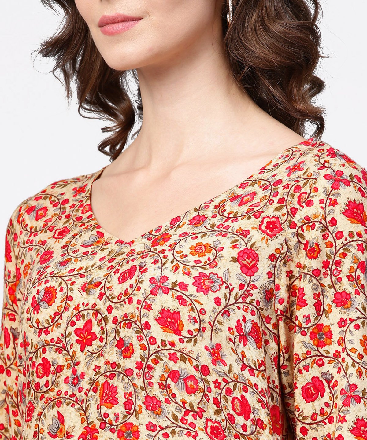 Red Printed 3/4Th Sleeve Cotton A-Line Kurta | LASVINI - Redefining Indian Fashion with Elegance