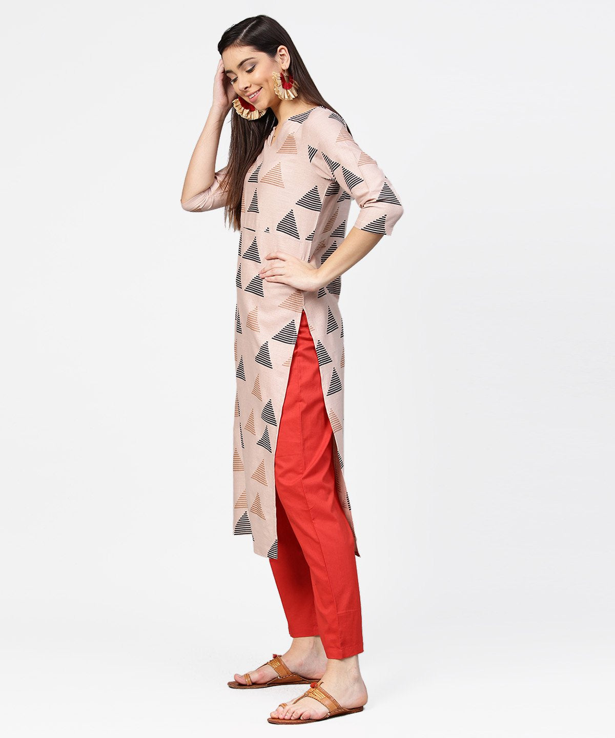 Beige Printed 3/4Th Sleeve Cotton Kurta With Maroon Ankle Length Pallazo | LASVINI - Redefining Indian Fashion with Elegance