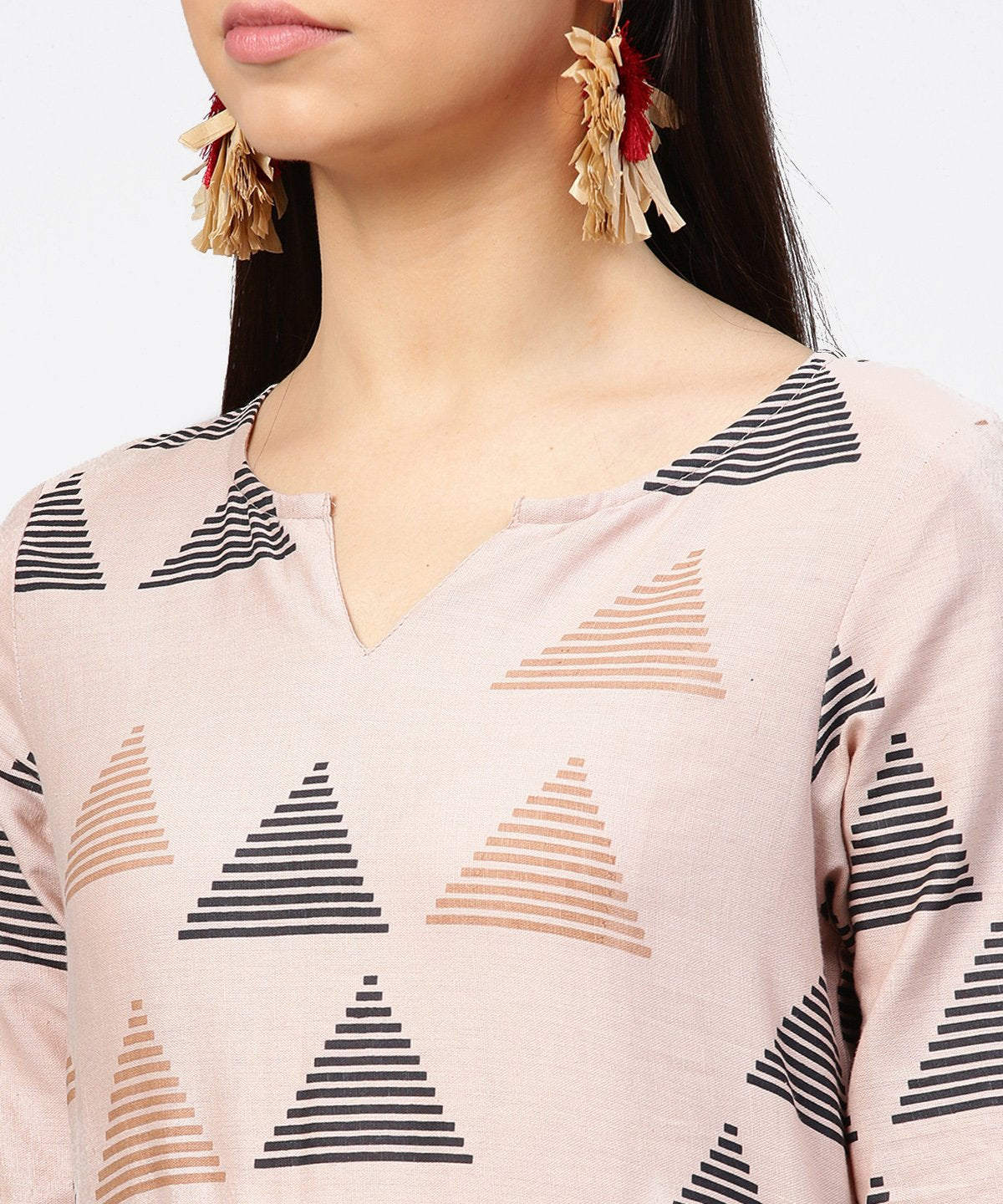 Beige Printed 3/4Th Sleeve Cotton Kurta With Maroon Ankle Length Pallazo | LASVINI - Redefining Indian Fashion with Elegance