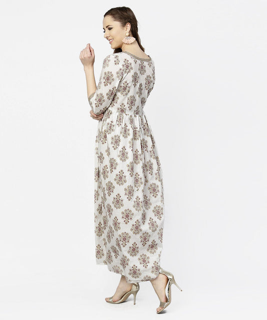 Off White Printed 3/4Th Sleeve Cotton Maxi Dress | LASVINI - Redefining Indian Fashion with Elegance