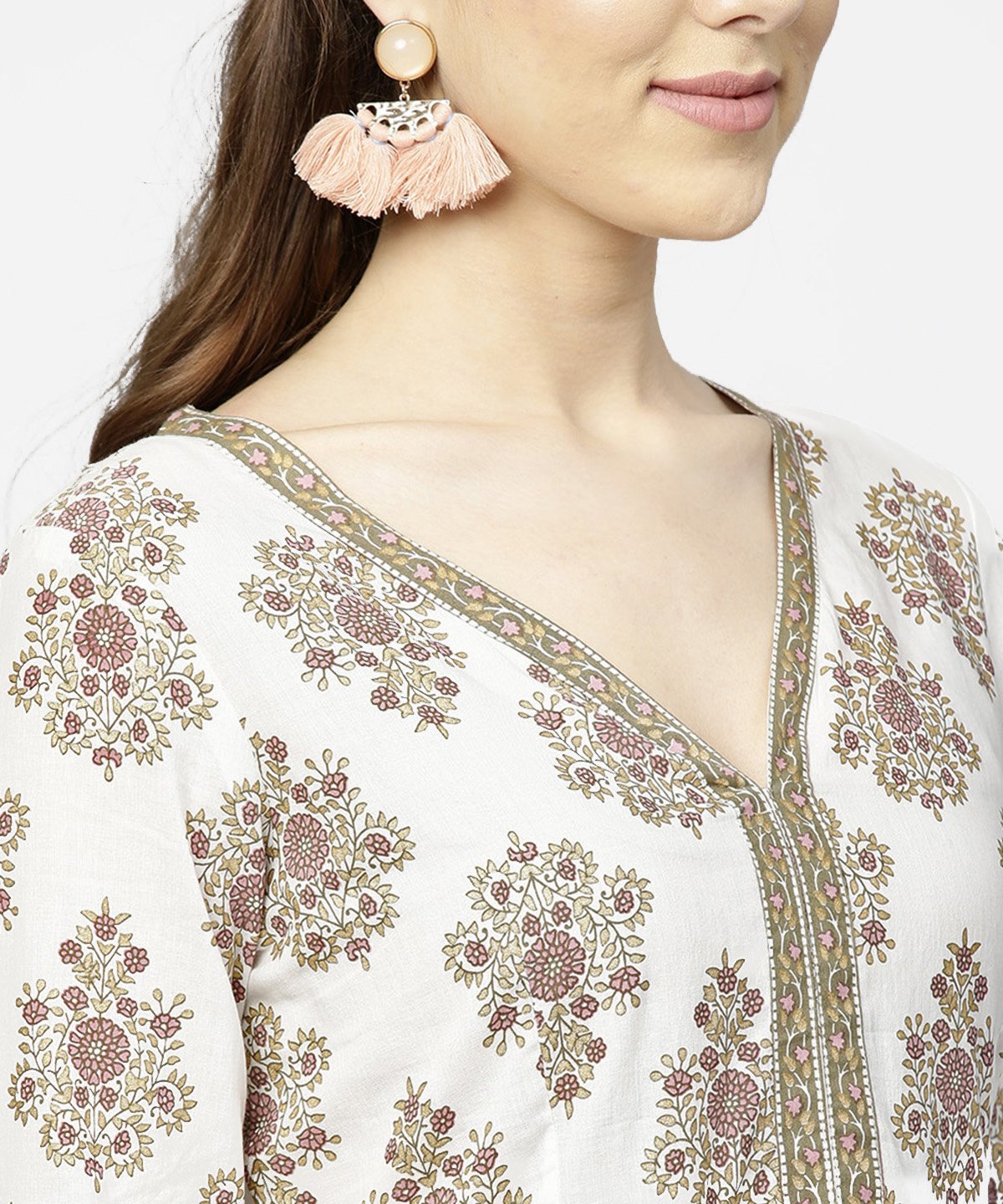 Off White Printed 3/4Th Sleeve Cotton Maxi Dress | LASVINI - Redefining Indian Fashion with Elegance