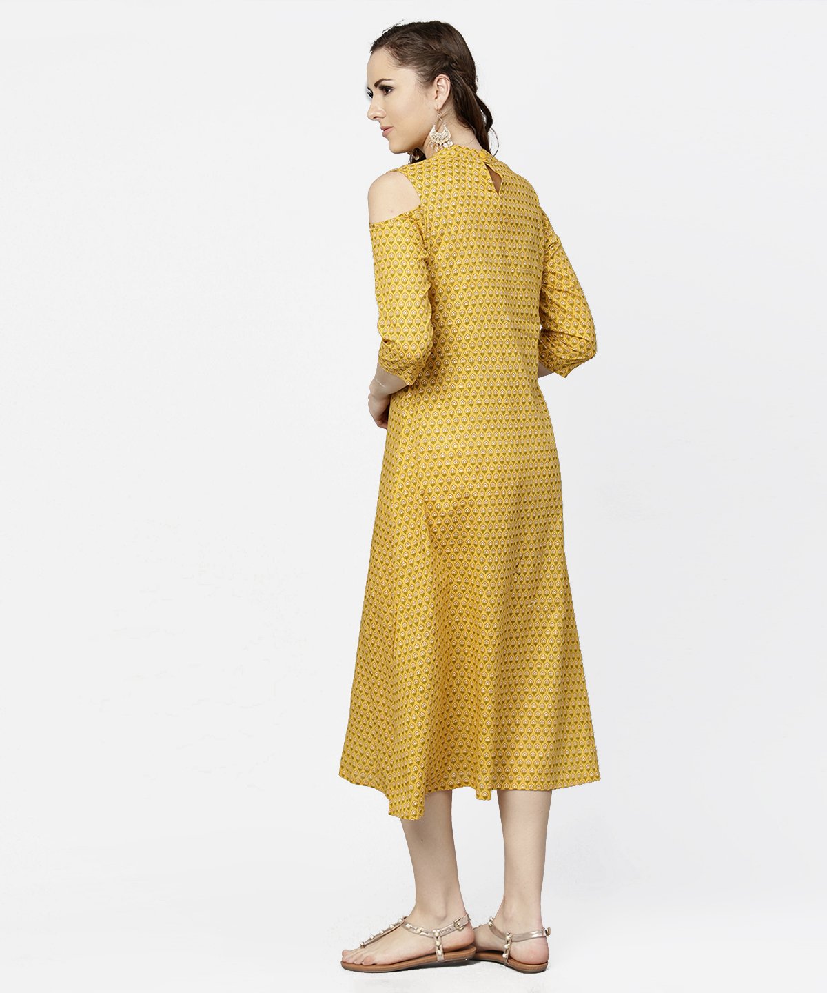 Yellow Printed 3/4Th Cold Shoulder Sleeve Cotton Maxi Dress | LASVINI - Redefining Indian Fashion with Elegance