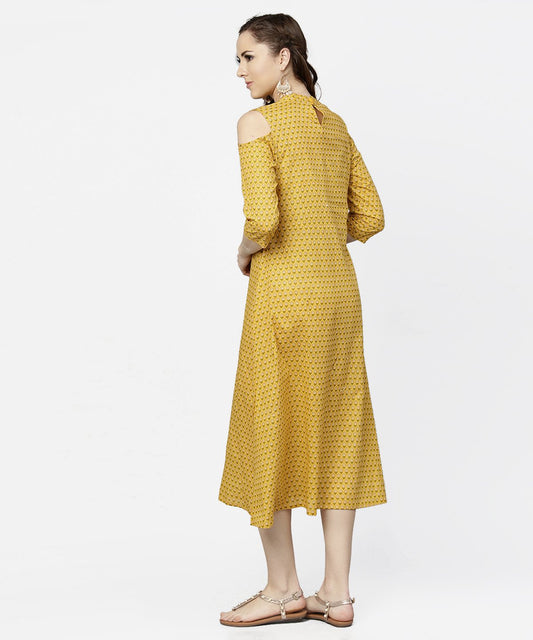 Yellow Printed 3/4Th Cold Shoulder Sleeve Cotton Maxi Dress | LASVINI - Redefining Indian Fashion with Elegance