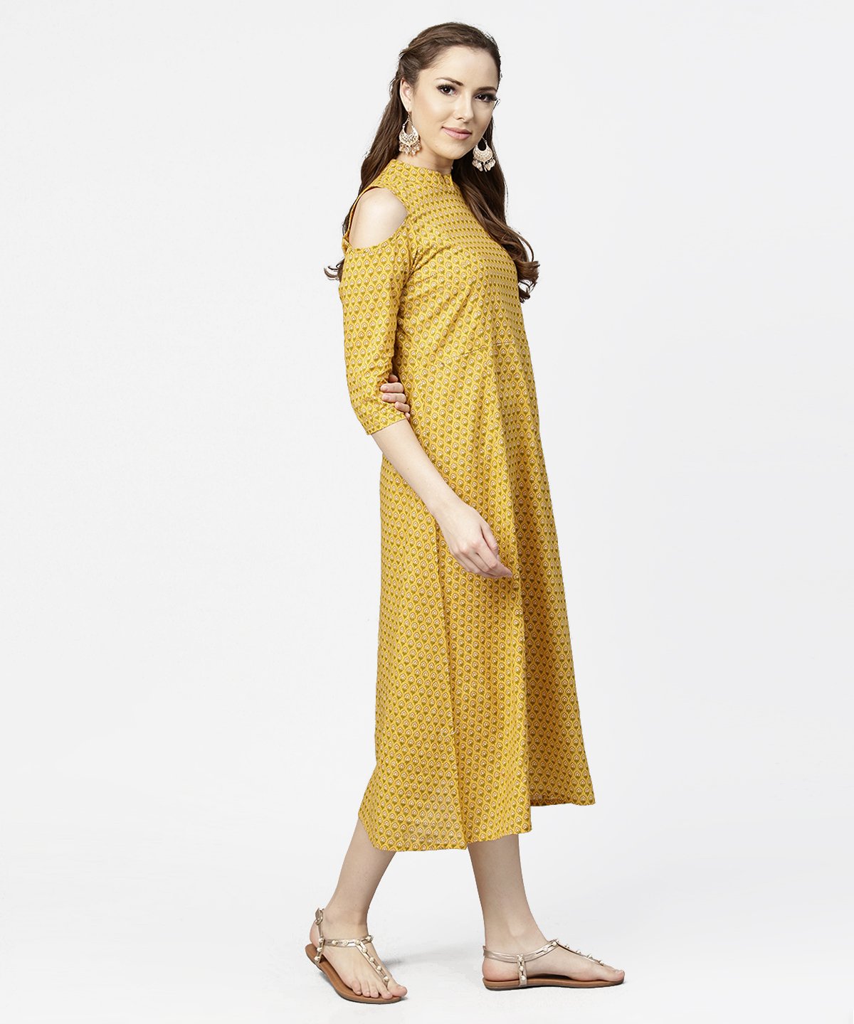 Yellow Printed 3/4Th Cold Shoulder Sleeve Cotton Maxi Dress | LASVINI - Redefining Indian Fashion with Elegance
