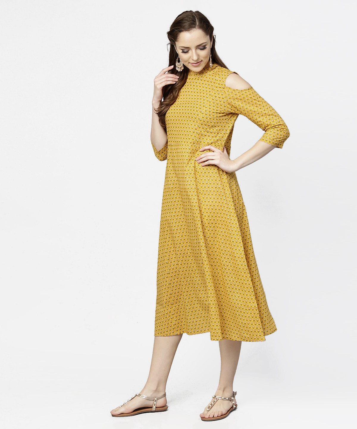 Yellow Printed 3/4Th Cold Shoulder Sleeve Cotton Maxi Dress | LASVINI - Redefining Indian Fashion with Elegance