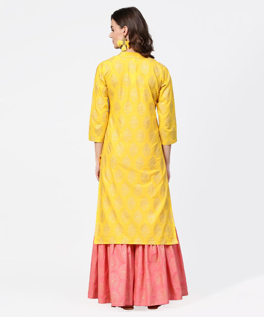 Yellow Golden Printed 3/4Th Sleeve Kurta With Pink Ankle Length Sharara | LASVINI - Redefining Indian Fashion with Elegance