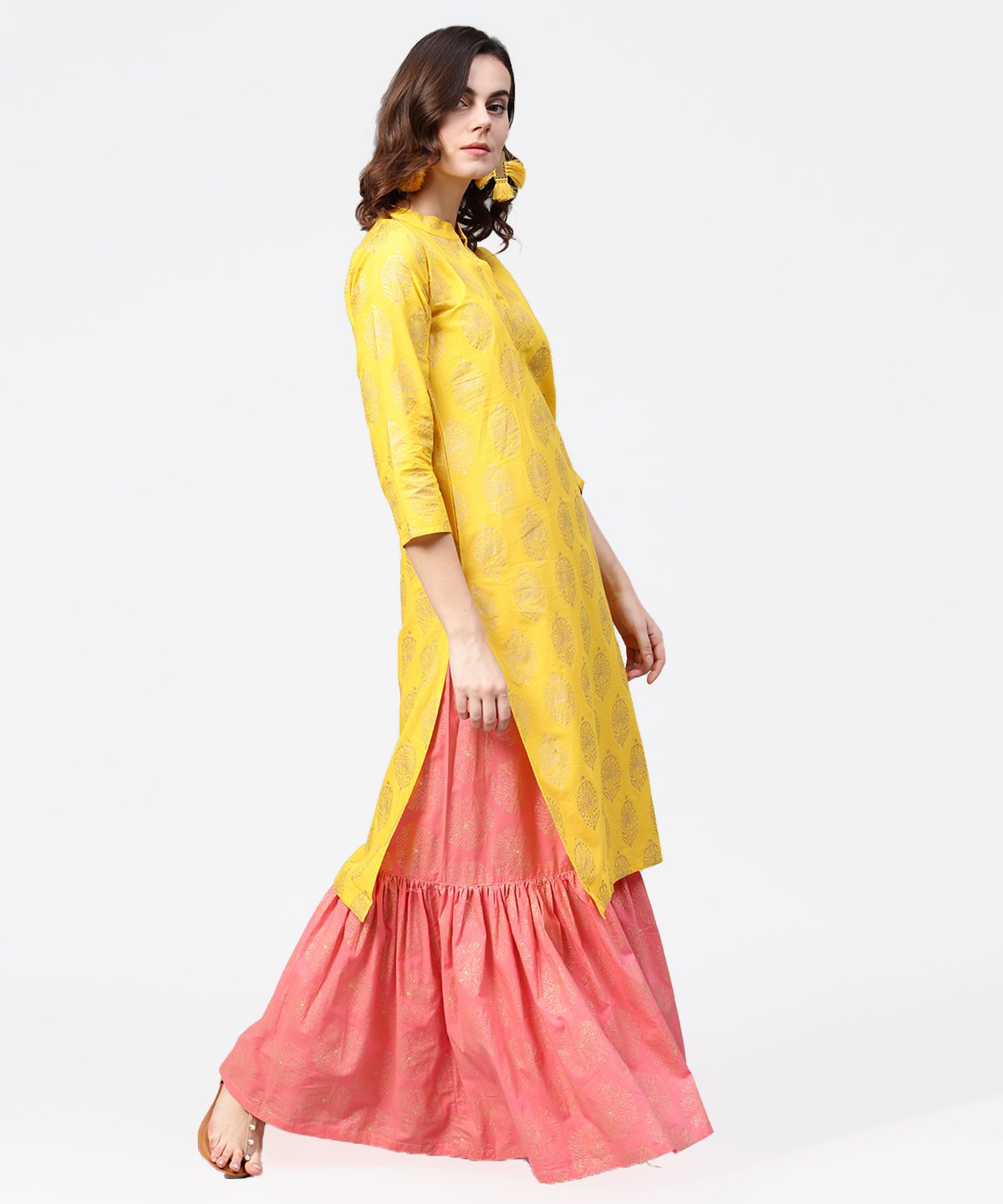 Yellow Golden Printed 3/4Th Sleeve Kurta With Pink Ankle Length Sharara | LASVINI - Redefining Indian Fashion with Elegance