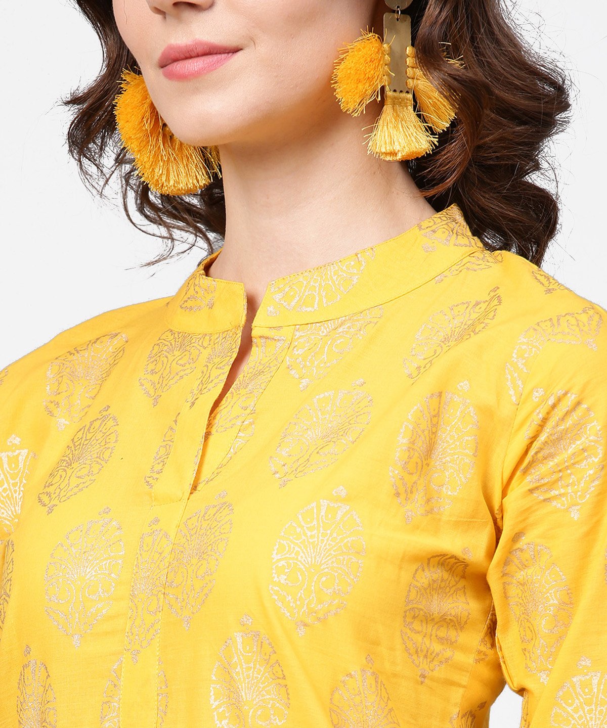 Yellow Golden Printed 3/4Th Sleeve Kurta With Pink Ankle Length Sharara | LASVINI - Redefining Indian Fashion with Elegance