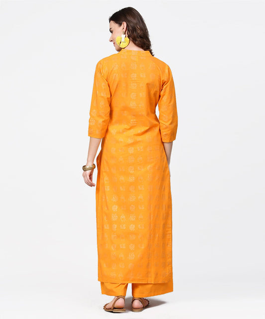Yellow 3/4Th Sleeve Printed Straight Kurta With Flared Ankle Length Pallazo | LASVINI - Redefining Indian Fashion with Elegance