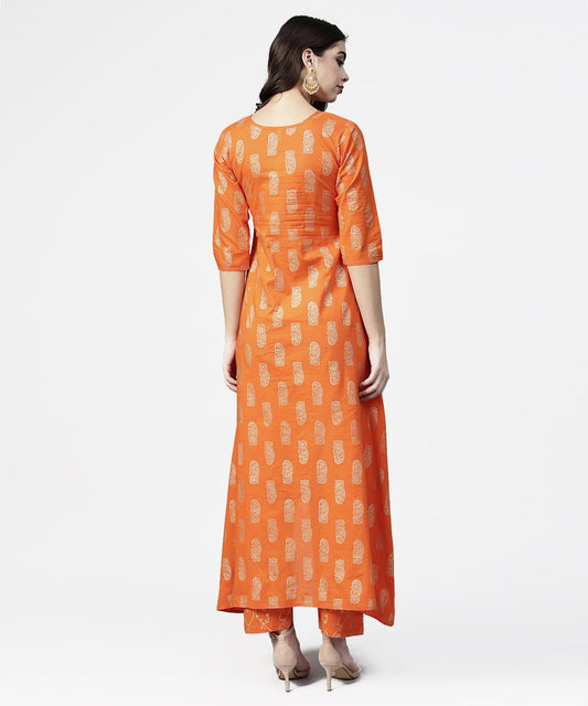 Orange Printed 3/4Th Sleeve Assymetric Kurta With Ankle Length Pant | LASVINI - Redefining Indian Fashion with Elegance