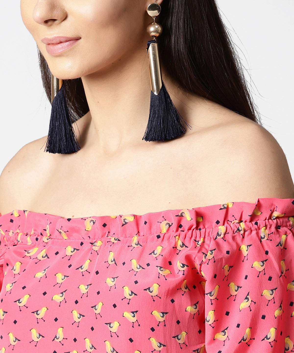 Pink Printed Half Sleeve Top With Adjustable Drawstrings Neckline | LASVINI - Redefining Indian Fashion with Elegance